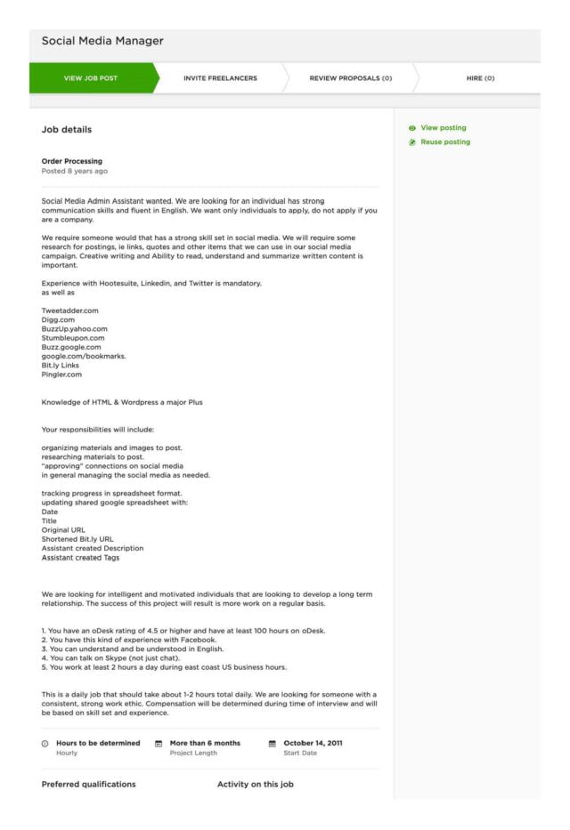 Sample Old Job Post on Upwork