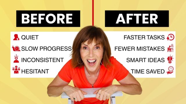 Before and after virtual assistant communication from quiet, slow progress, inconsistent, hesitant to faster tasks, fewer mistakes, smart ideas, and time saved