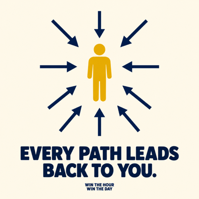 simple diagram, many arrows all pointing to one person, captioned every path leads back to you